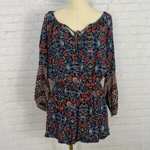 American Eagle Medium Blue Floral Boho Long Sleeve Romper